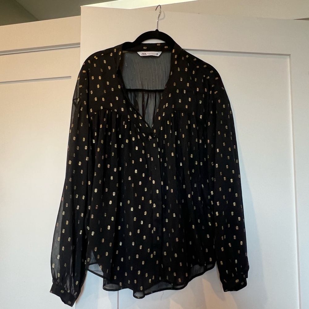 Zara Sheer Black Blouse with Gold Accents